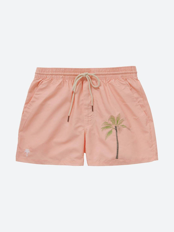PEACHED PALM EMBROIDERED SWIM SHORTS
