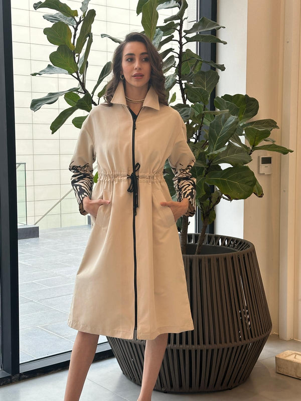 Beige Trench Coat with Black Detailes